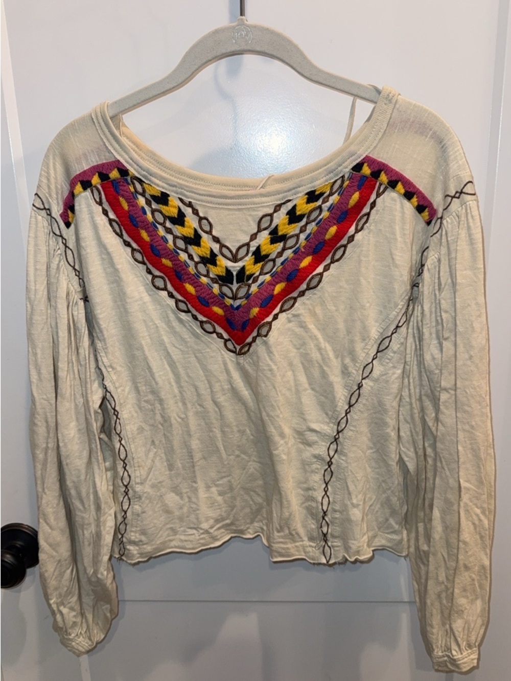 Free People Cream Long Sleeve Top with Multicolor Embroidered V Yoke
